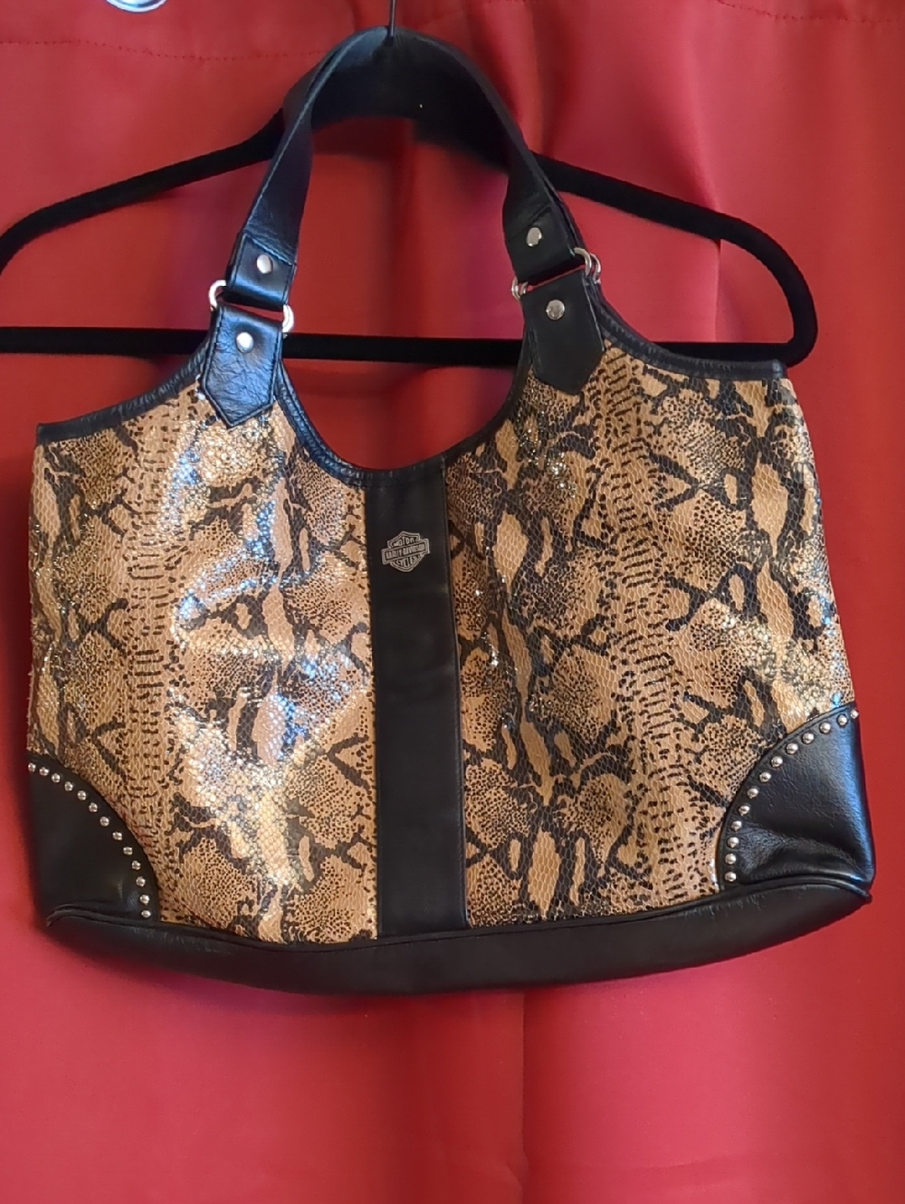 Harley-Davidson Women’s Black & Tan Snakeskin Style Leather Hobo Bag